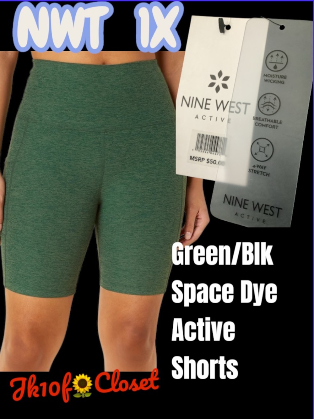 LOWEST🌺NWT NINE WEST 1X GREEN/BLK SPACE DYE ACTIVE BIKE SHORTS